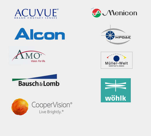 Kontaktlinsen und Zubehr: Acuvue, Alcon, AMO, Bausch & Lomb, CooperVision, Menicon, MPG&E, Mller-Welt, Whlk